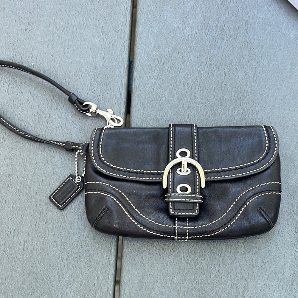 Coach Black Leather Wristlet with Silver Buckle